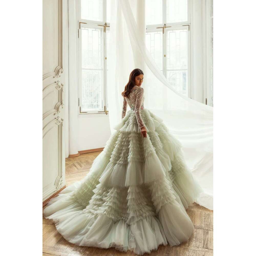 Neck High See Through Beaded Tulle Or Length Long Evening Dresses Crystal Dress For Women Lush Ball Gown