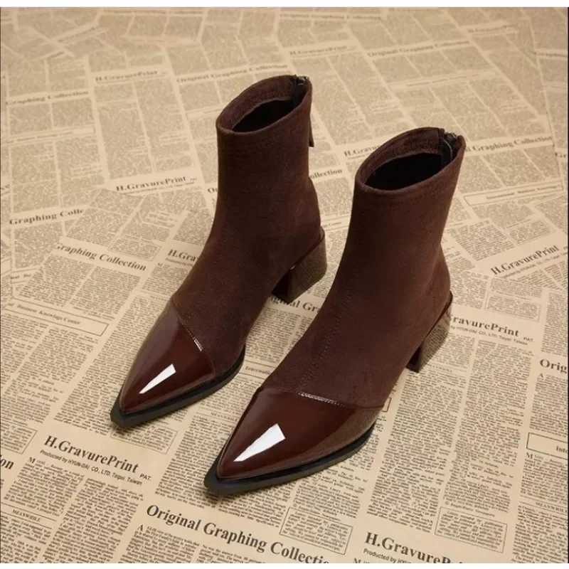 High Heels Ankle Boots Women Chunky Suede Pointed Toe Shoes Winter 2024 Trend New Elegant PumpsXJ250217