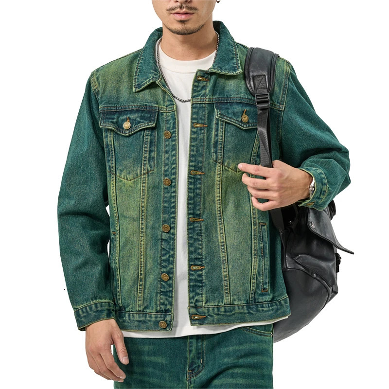 Vintage Loose Green Denim Jacket for Men HighEnd American Casual Wear 250214