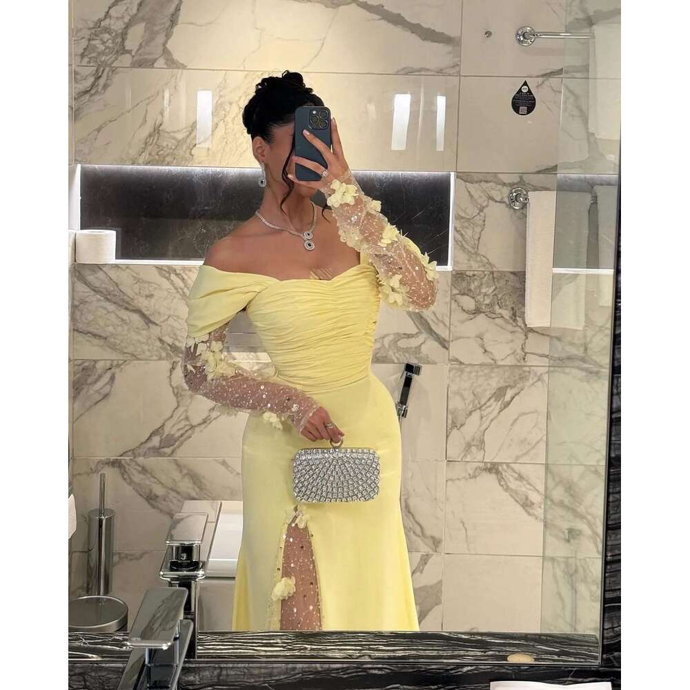Shoulder Off Prom Dresses Yellow Wers Pleated Evening High Split Or Length Saudi Arabia Party Dress Customized