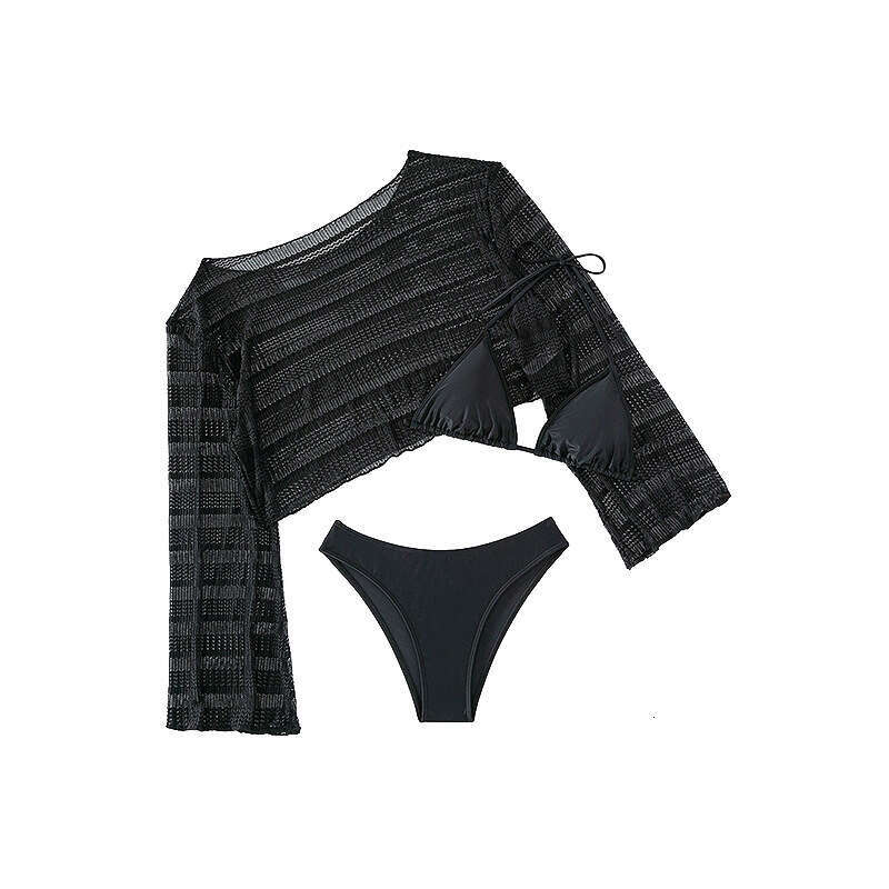 New European and American mesh long sleeved hooded beach three piece women's high-end bikini swimsuit 2025 new casual versatile fashion clothing