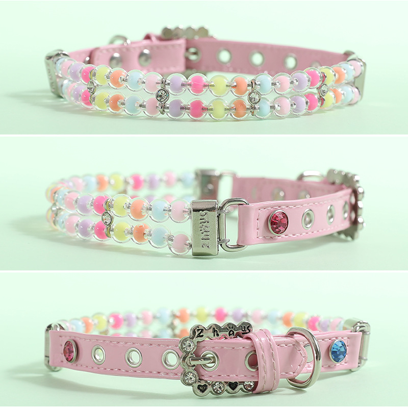 Fashion Dog Leather Collar with Two Rows of Colored Beads, Dog Collar Leash Set for Small Medium Dogs, Pet Neck Decoration, Adjustable Pet Collar Pink