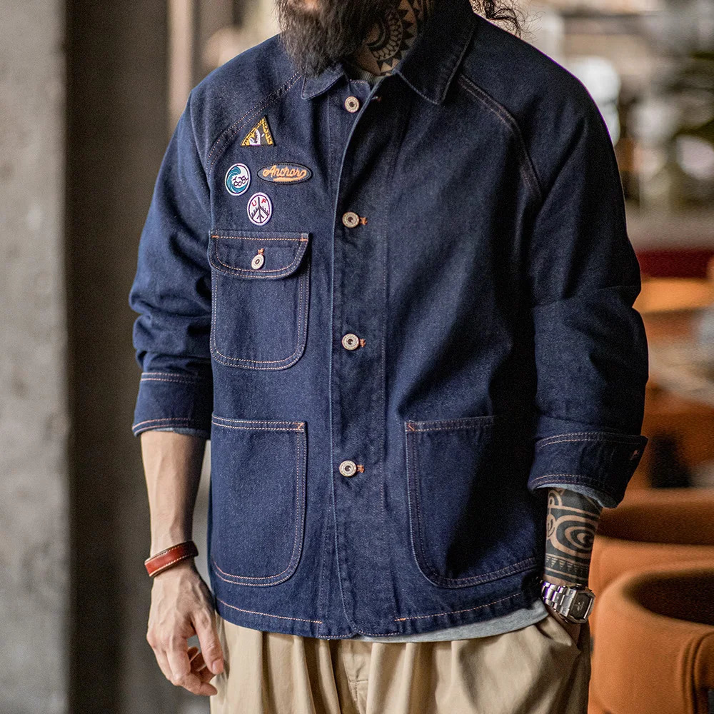 Maden Vintage ed Badge 128oz Heavyweight Denim Jacket Washed Lapel Casual Outerwear for Men Spring and Fall Chore Coat 250214