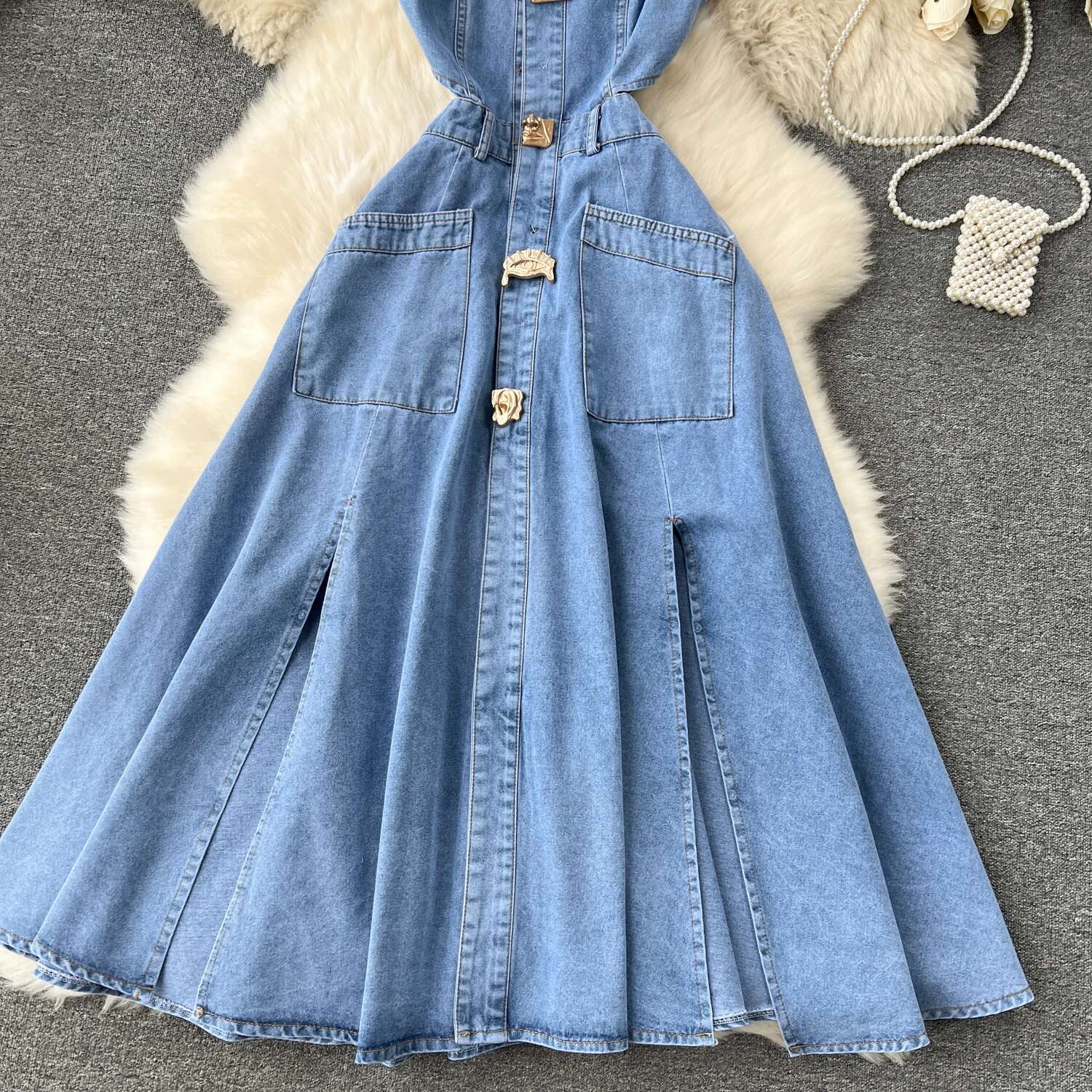 Designer Denim Dress Women Long Dresses Single Breasted Big Turn-Down Collar Waist Slimming Temperament Split A-E Vestidos
