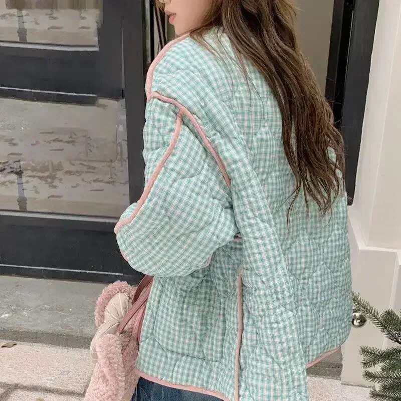 Two-Sided Wear Cotton Jacket Korean Sweet Pink Ral Checkered Coat Women Autumn Winter Loose Casual Single Breasted Tops