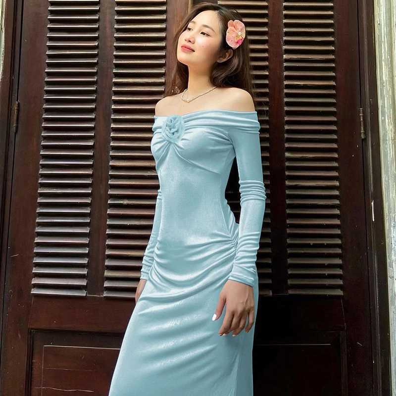 Basic Casual Dresses Lygens Off The Shoulder Floral Pattern Elegant Evening Shirring Prom Ladies Dresses 2024 Casual Clothes Y2K Fall Korean Clothes H