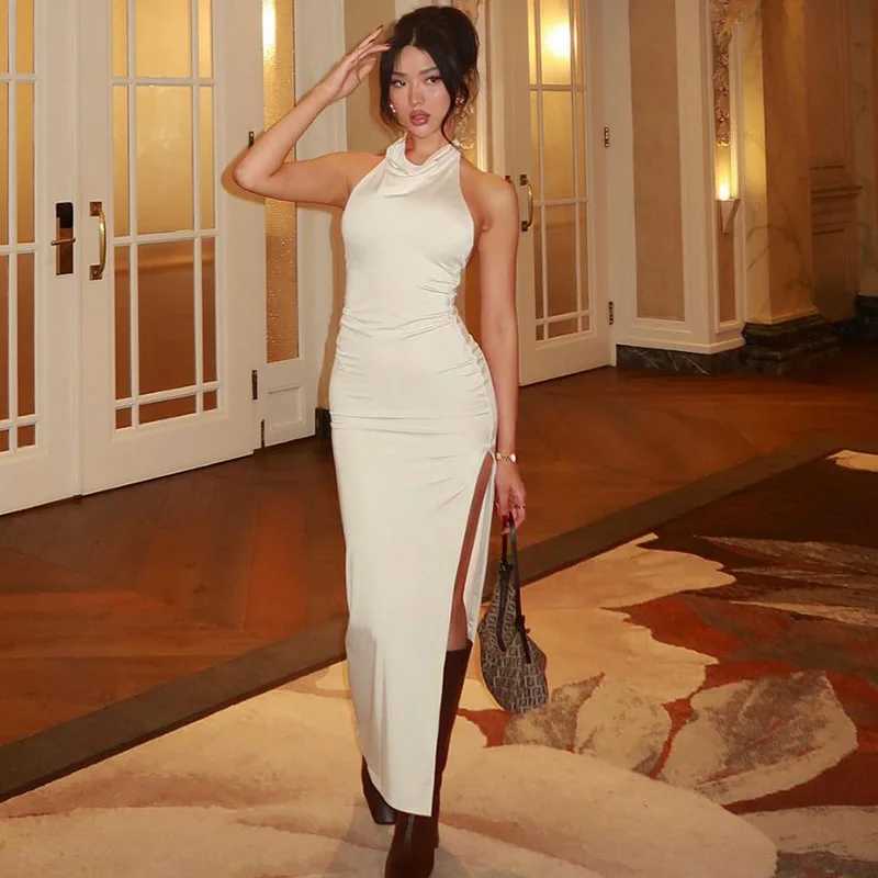 Basic Casual Dresses Lygens Elegant Halter Backless Slit Bodycon WomenS Dresses Party Wholesale Dropshipping Winter Y2K Evening Korean Clothing H25217