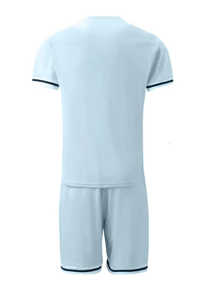 Mens 2 Pieces Outfits Stripe Cuff Custom Fit Short sleeve And Plain Drawstring Waistband Stripe Hem Shorts Set 250217