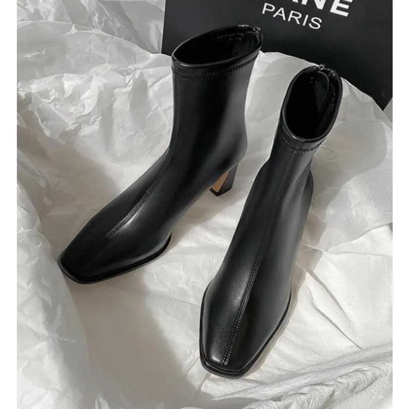 New Square Ankle Boots Autumn Comfortable Soft Leather High Heel Boots Womens Fi Zipper Simple Temperament Womens ShoesXJ250217