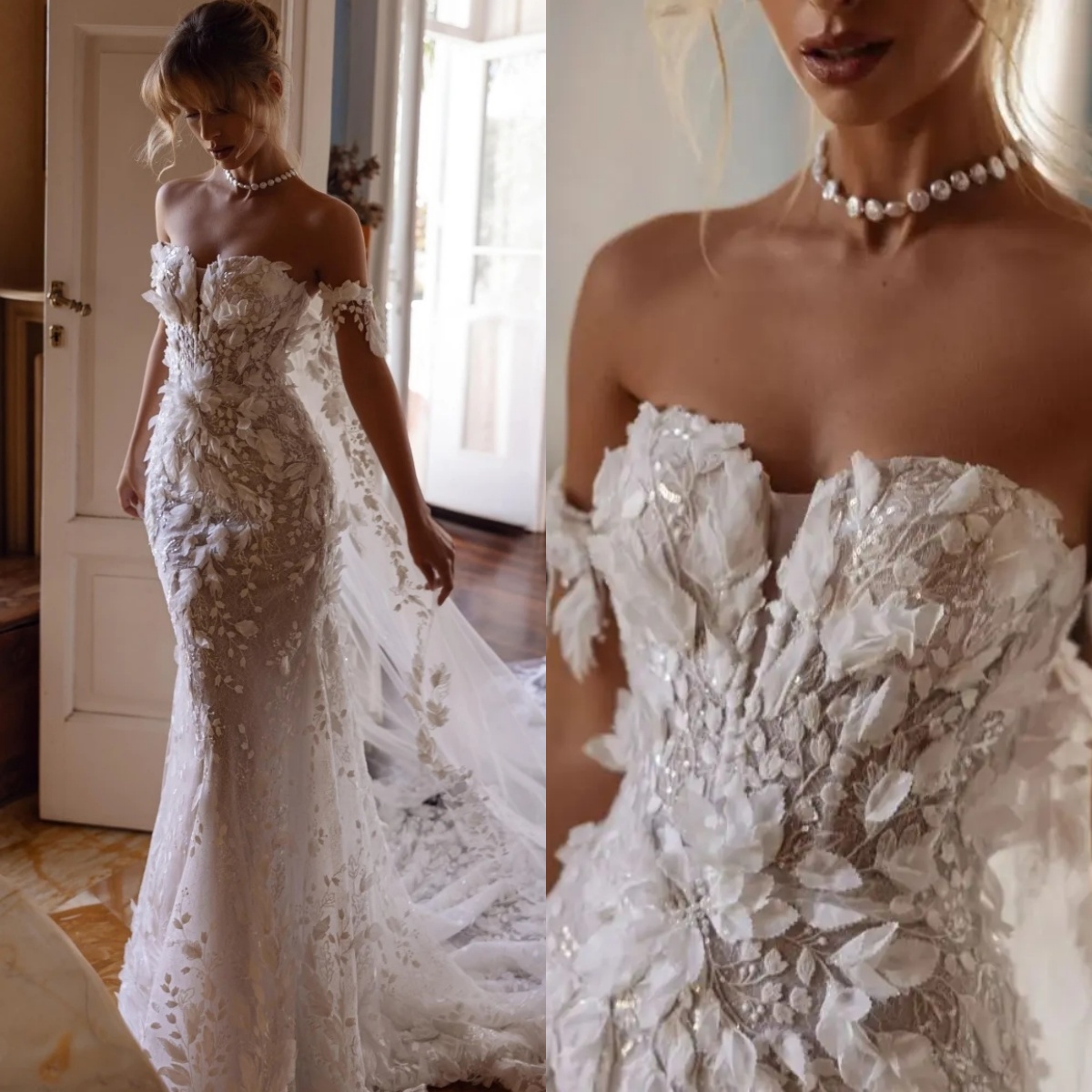 Romantic Wedding Dresses 3D-Floral Appliques Lace Mermaid Bridal Gowns with Cape Backless Customized Princess Sweep Train Bride Dress Vestidos De Novi