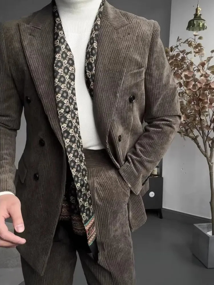 Retro office mens suit mens double chest Corduroy suit jacket slim fit pants two-piece set 250213