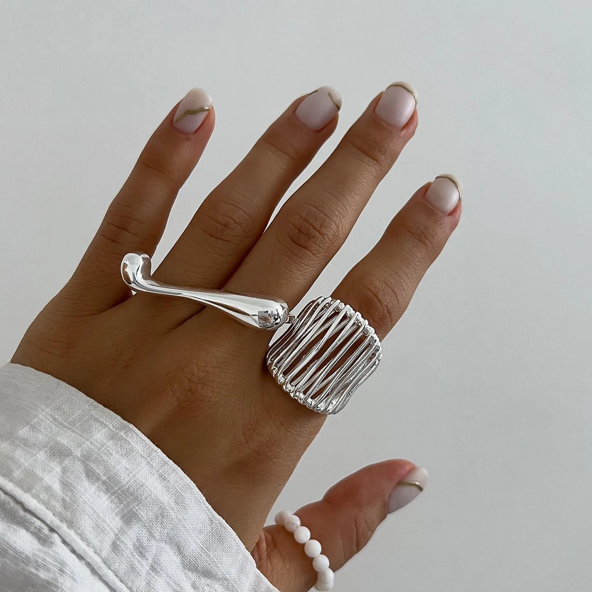 Jewelryposter Trendy Water Drop Irregular Curve Opening Ring n Glossy Stainless Steel Personlaity Party Jewelry 250213