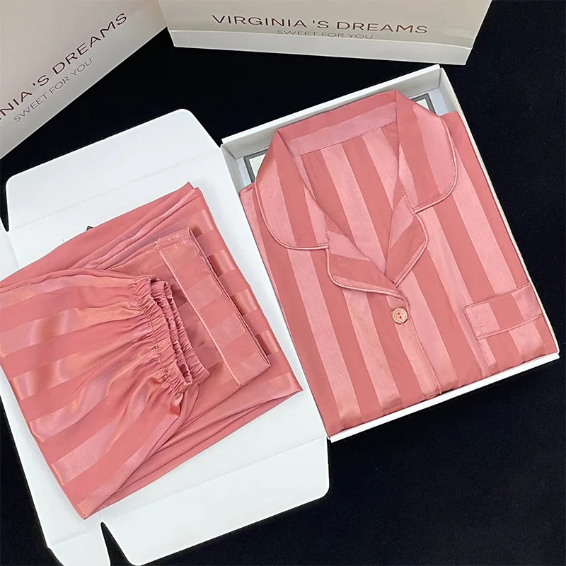 High-quality Striped Pajamas Womens Spring Autumn Long-sleeved Trousers Thin Cardigan Pajamas Womens Pink Satin Silk Sleepwear 250213