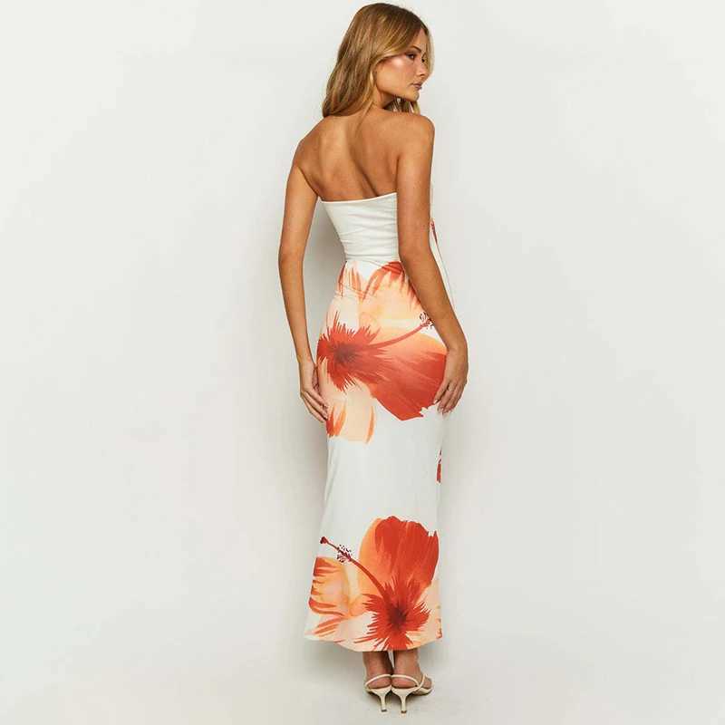 Basic Casual Dresses CUTENOVA Womens 2024 New Flower Printed Tubeless Dress Casual Vacation Off Shoulder Slim Beach Floor Length Long Dress H25217