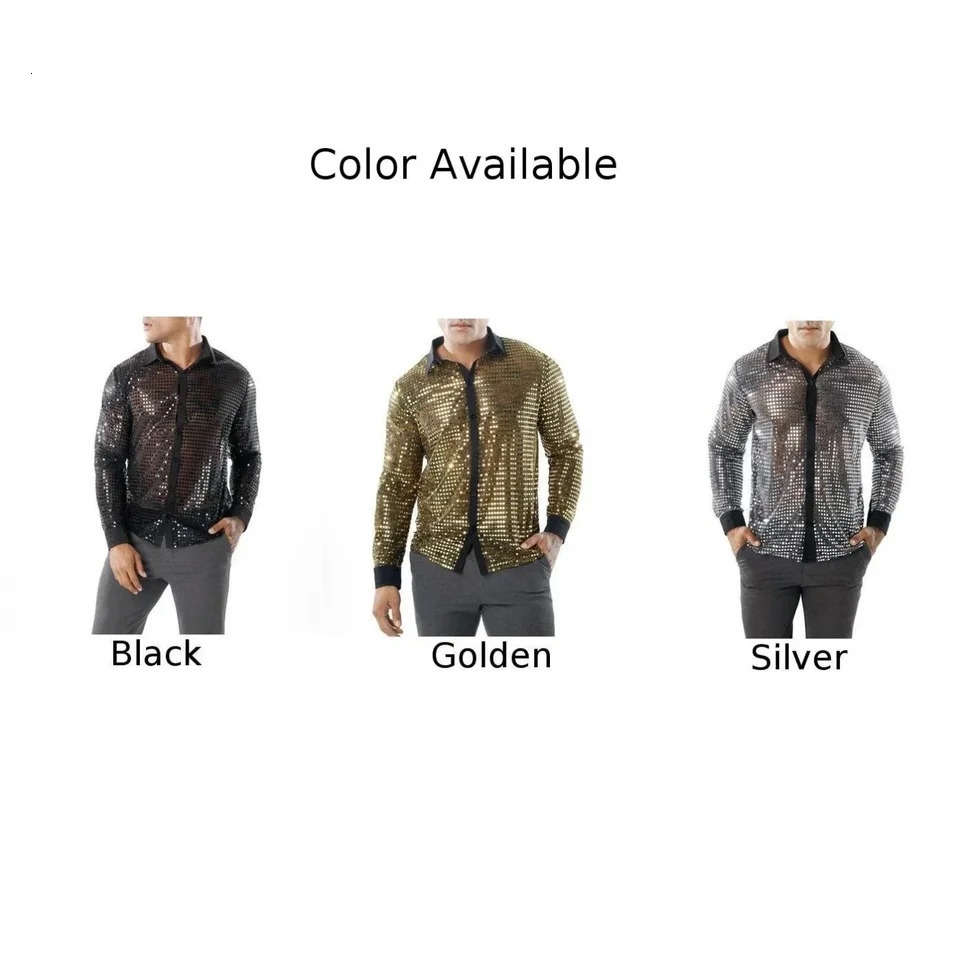 Fashion Mens Sparkly Sequins Party Dance Shirts Retro 70s Disco Nightclub Shirt Tops Single Breasted Performance Clothing 250217