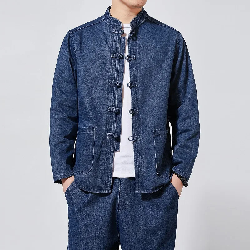 Autumn Men Chinese Style Tang Suit Washed Denim Top Stand Collar Jacket Casual Cotton Coat 250214