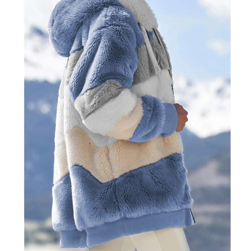 Women Fall Winter Warm Plush Hooded Coat Contrast Color Long Sleeve Zip Up Thick Cardigan Jacket 2021 E-Girls Streetwear Outwear