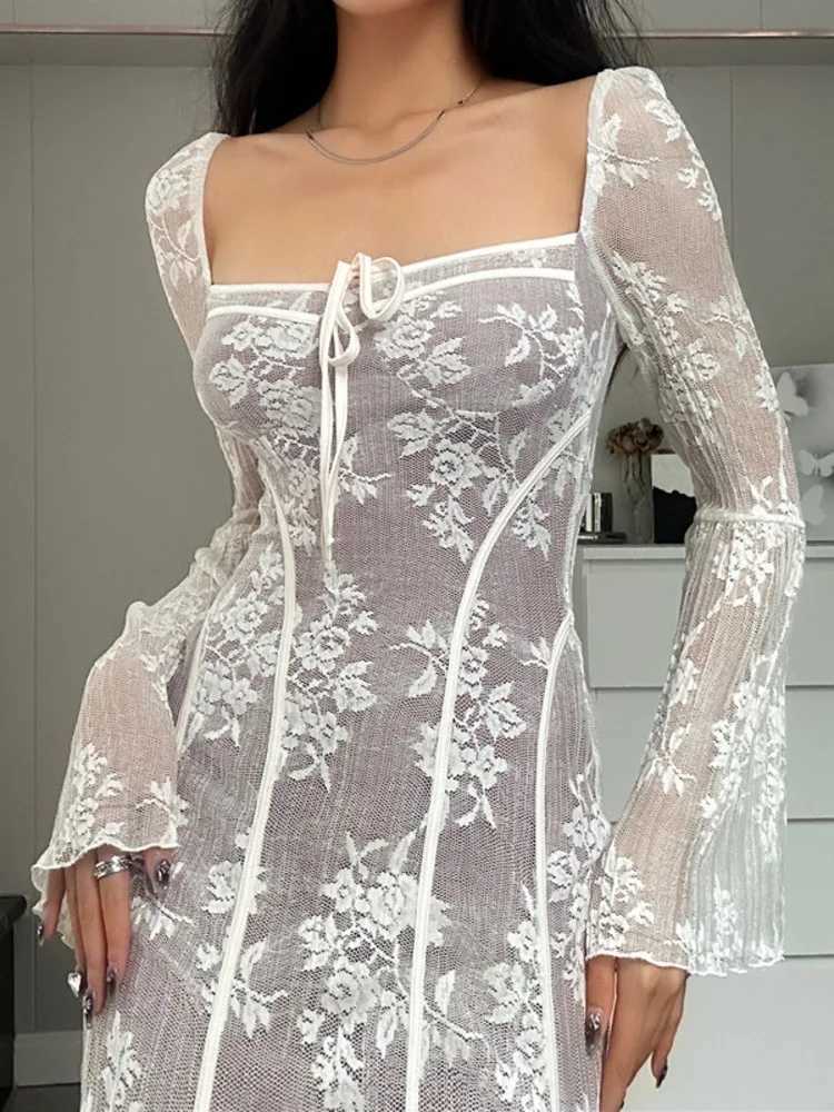 Basic Casual Dresses Fantoye Sexy Square Collar Lace Women Maxi Dress White Long Slve High Waist Dress Autumn Slim Elegant Party Clubwear Vestidos H25