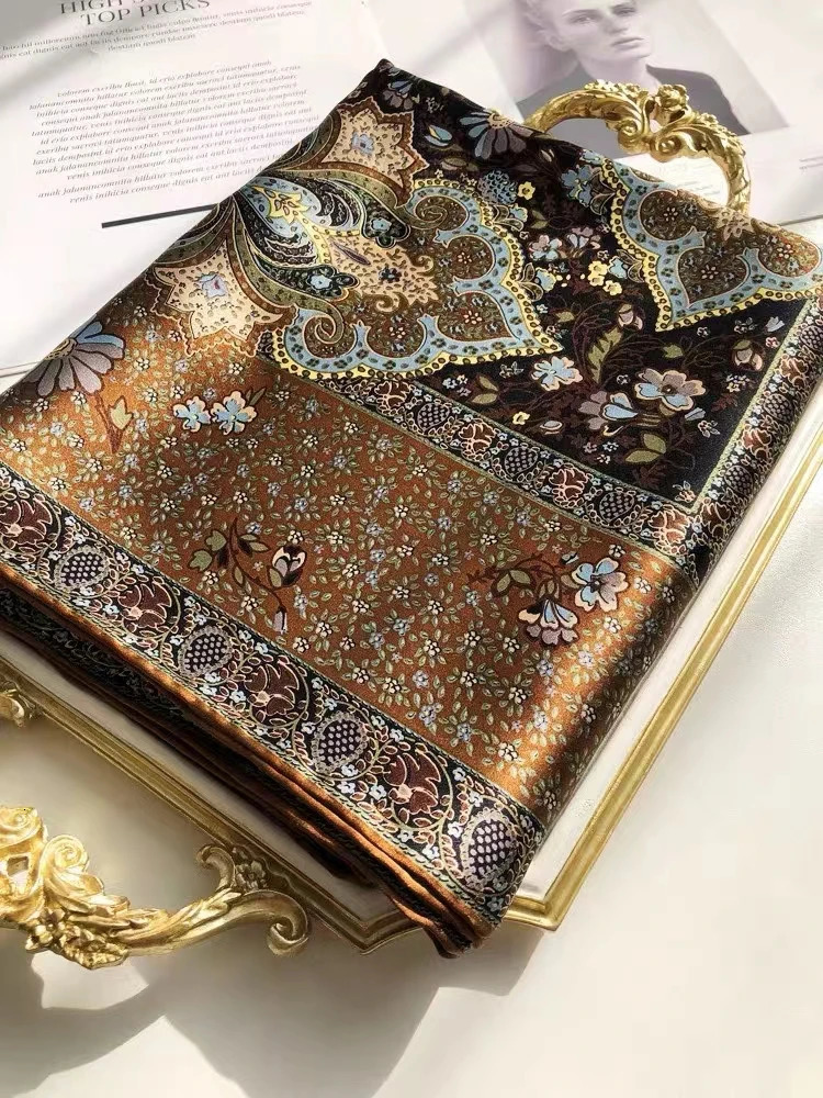 Coffee Gold 100% Mulberry Silk Womens Scarf Bandana Fashion Plaisley Style Square Scarves Hijabs Winter Headscarf Foulard 250213