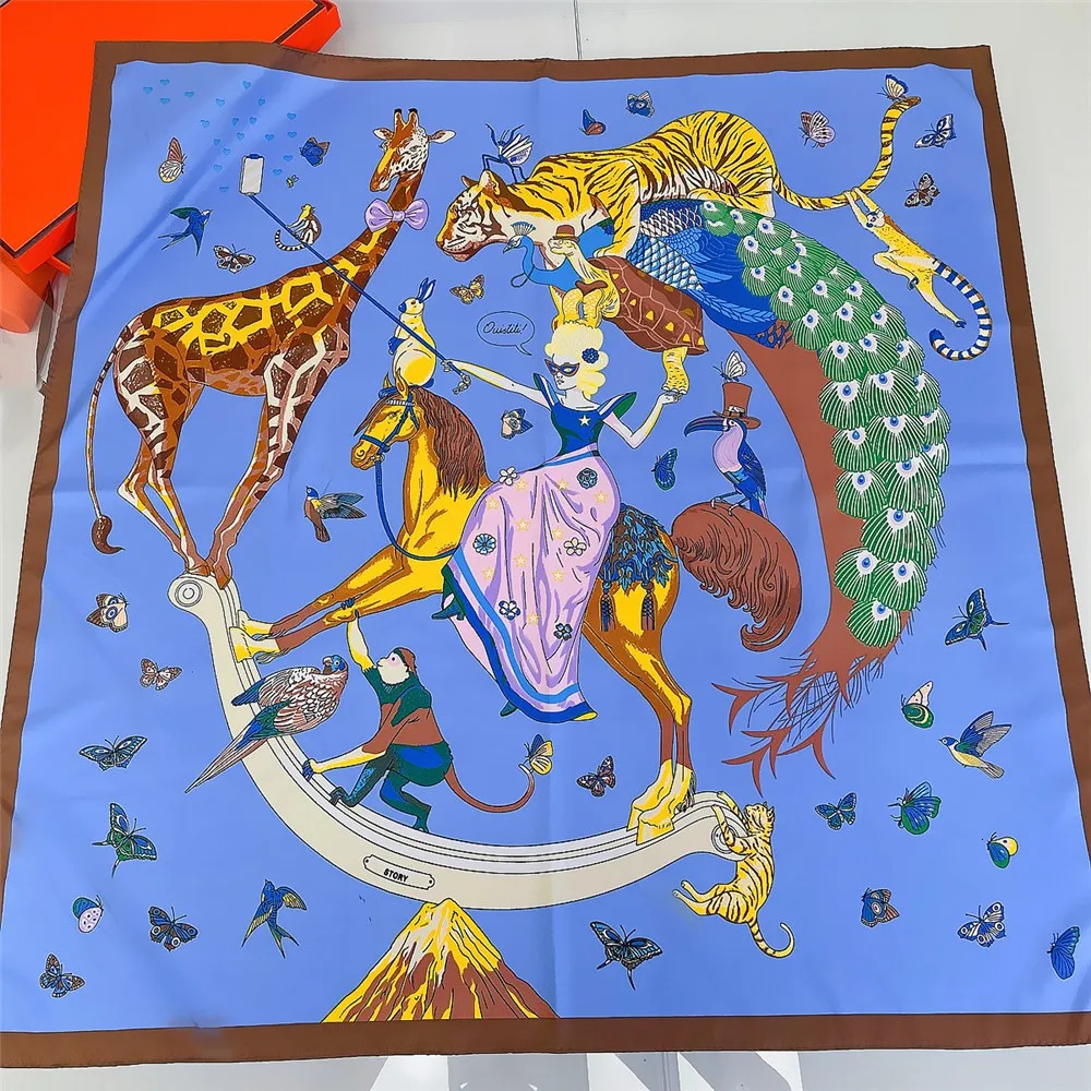 90CM Animal Party Handmade Curled Twill Silk Scarf Womens Curled Square Scarf Foulard Womens Baotou Scarf 250213