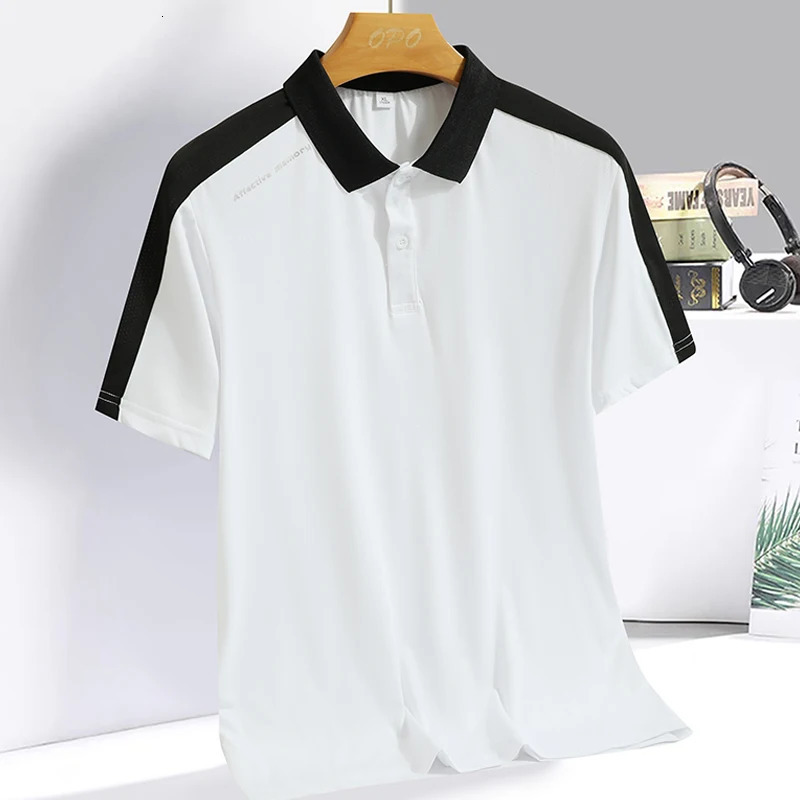 Mens Polo collar top with summer ice silk breathable quick drying short sleeved Tshirt patchwork contrasting color polo shirt 250219