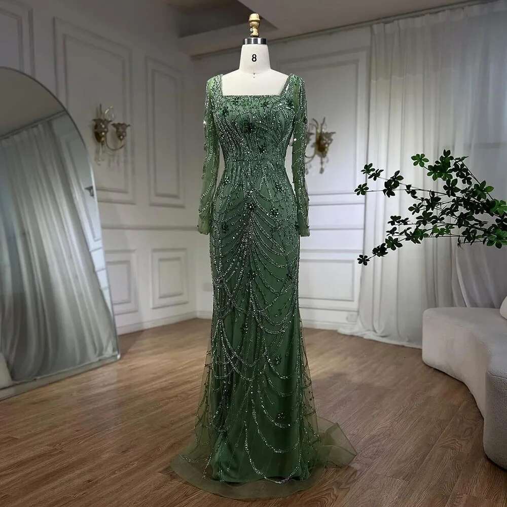 Green Dubai Mermaid Elegant Crystal Beaded Arabic Evening Dresses Gowns Customize Party