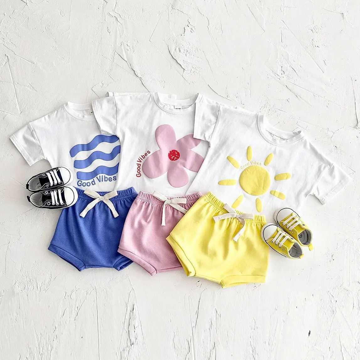 Toddler Boys Outfit Baby Clothes Set Newborn Baby Summer Clothing Cotton Girl Suit Sun Flower Print T-shirt+Beach Shorts W250218