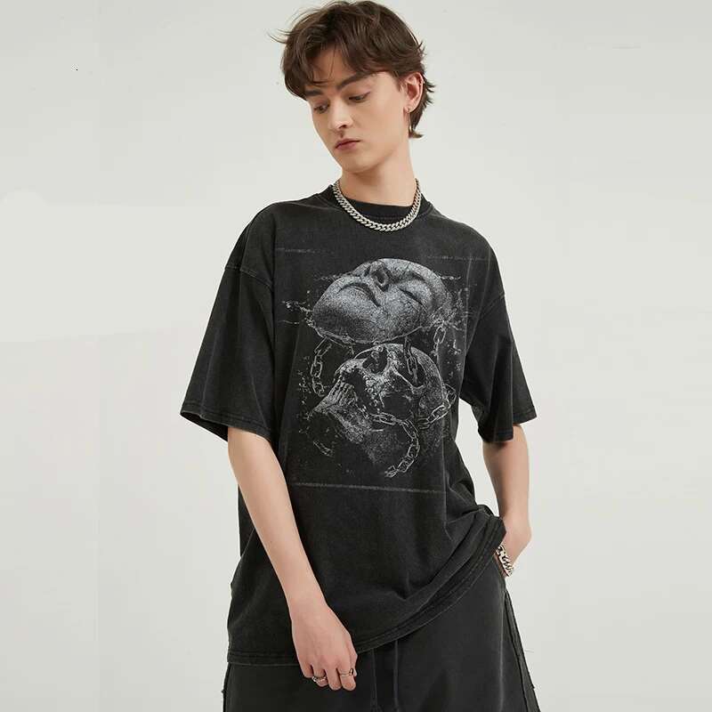 2024 Hip Hop Streetwear Retro Washed Black T-Shirt Men Cracked Face Skull Graphic T Shirt Cotton Tshirt Haruku Tops Tee Unisex