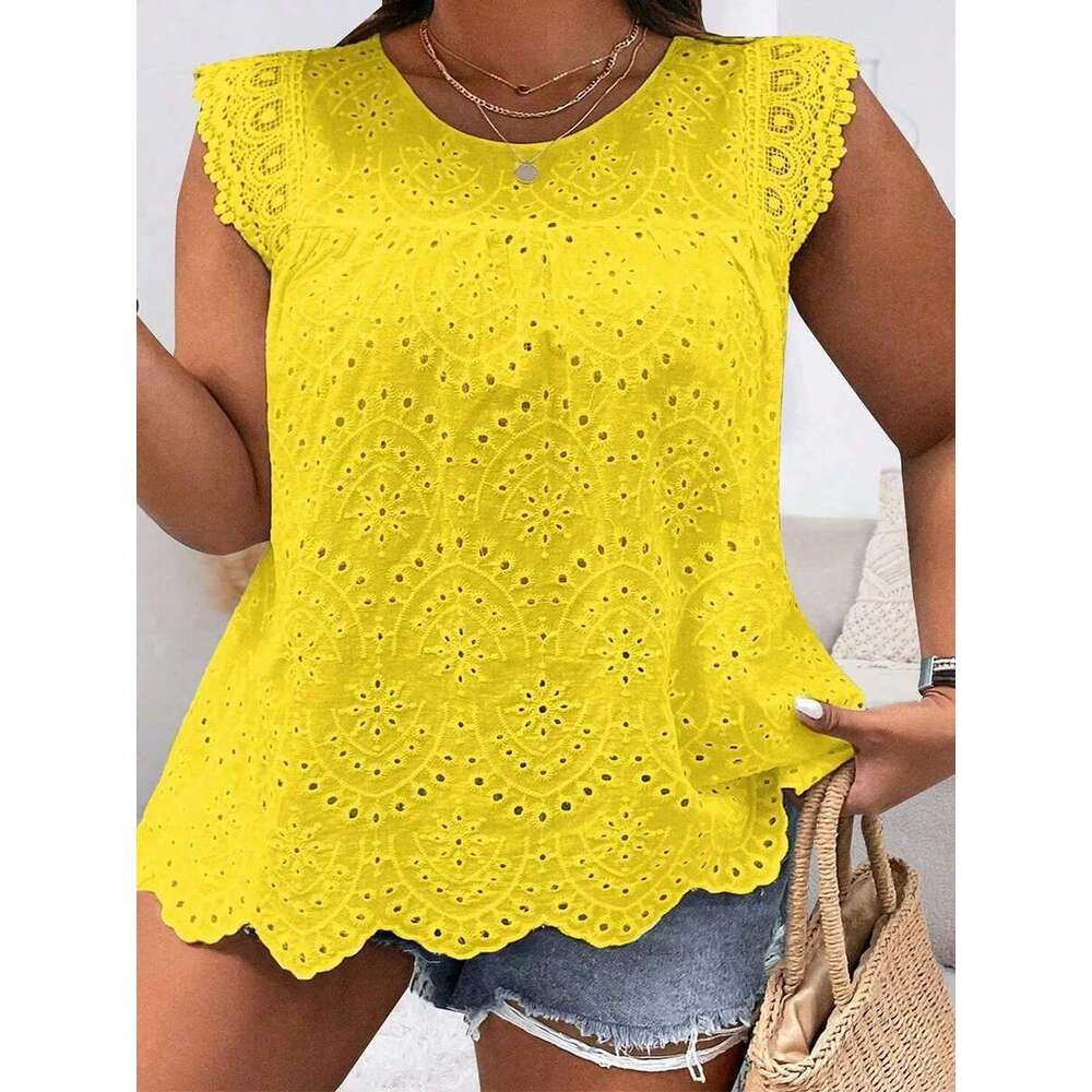 2024 New Fashion Plus Size Shirt Sleeveless Hollow Solid Color Round Neck Lace Simple Versatile Casual T-Shirt Top
