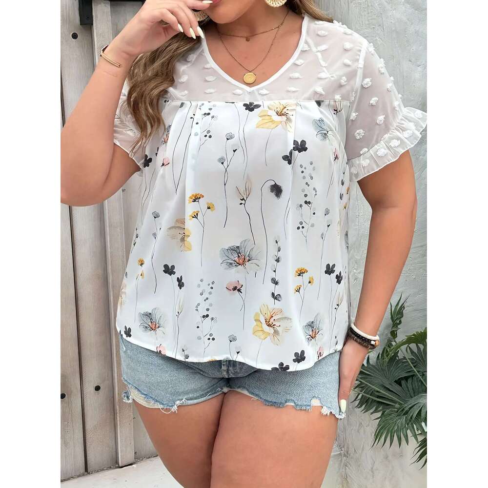 Ral Print Swiss Dot Blouseelegant Patchwork V Neck Short Sleeve Blouse For Spring Summer Women's Plus Size Clo