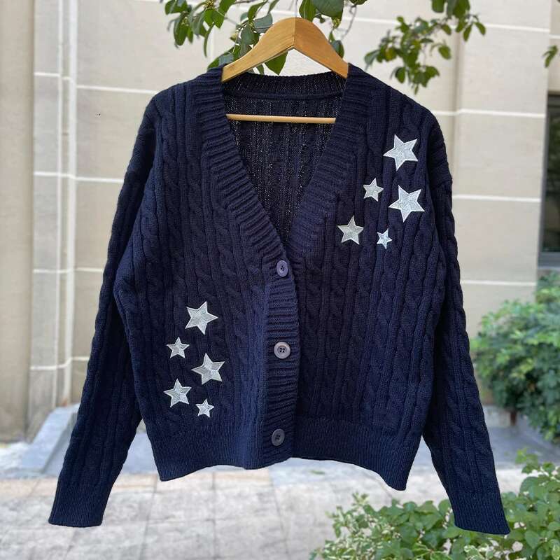 Spring Navy Blue Midnight Knitted Cardigans Women Casual Comfortable Star Embroidery Single Breasted Sweaters