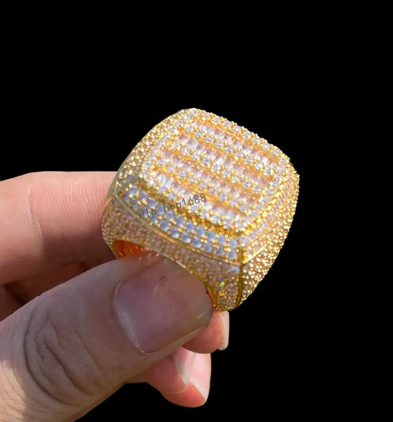 18K Gold plated baguette cutting jewelry champion rapper men ring Iced Out 925 Silver Hip Hop Moissanite Mens Ring