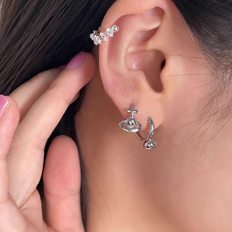 Cross Saturn Women's Three Dimensional Metal Universe Planet Simple Basic Daily Earrings