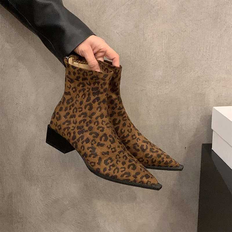 Designer Leopard Women Ankle Boots Fi Pointed Toe Short Booties Ladies Ccise Square Heels ShoesXJ250217