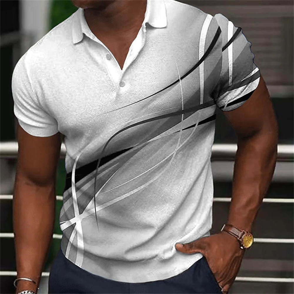 Fashion MenS Polo Shirt Gradient Line Summer Short Sleeve TShirts Casual Daily Lapel Tops Tees Striped T For Man Clothing 250213
