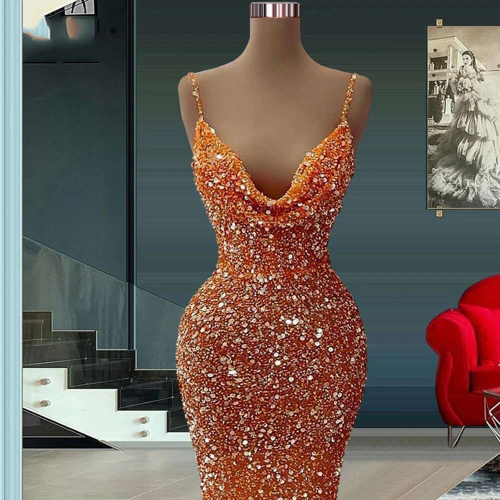 Sparkg Orange Mermaid Evening Dresses Women S V Neck Sleeveless Sequins Princess Prom Gowns Formal Party Robe Customized leeveless equins