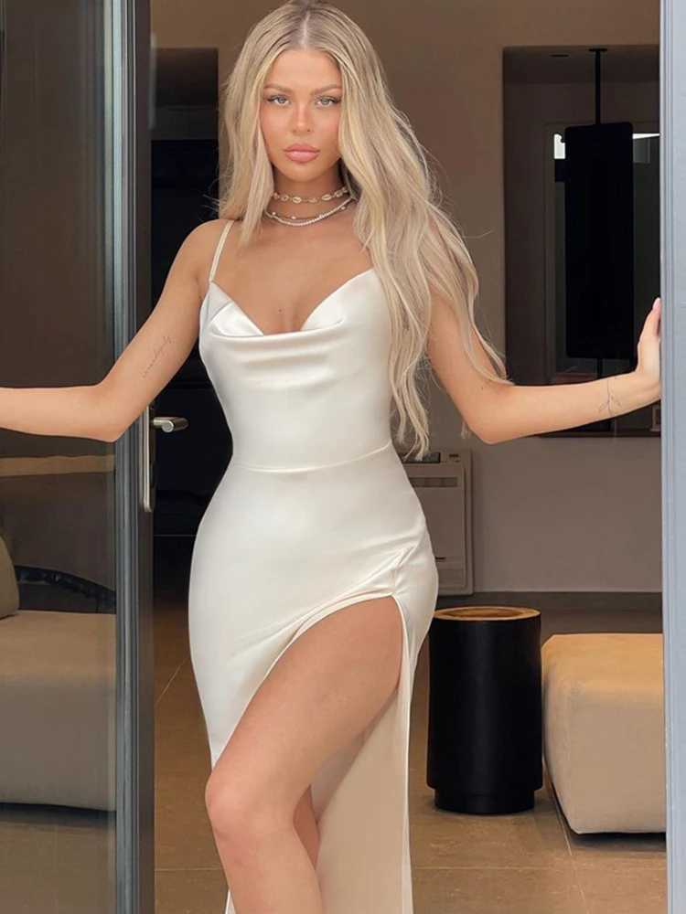 Basic Casual Dresses Dulzura Lace Up Backless Satin Strap Maxi Dress For Women Side Slit Bodycon Sexy Party Elegant Birthday Evening Outfits Summer H2