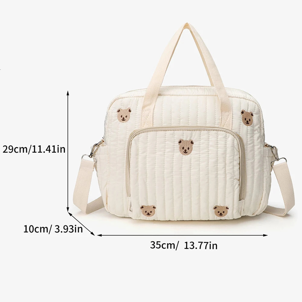 Cute Bear Flower Embroidery Pattern Baby Beige Cotton Fabric Zipper Diaper Handbag Luggage Bag 250218