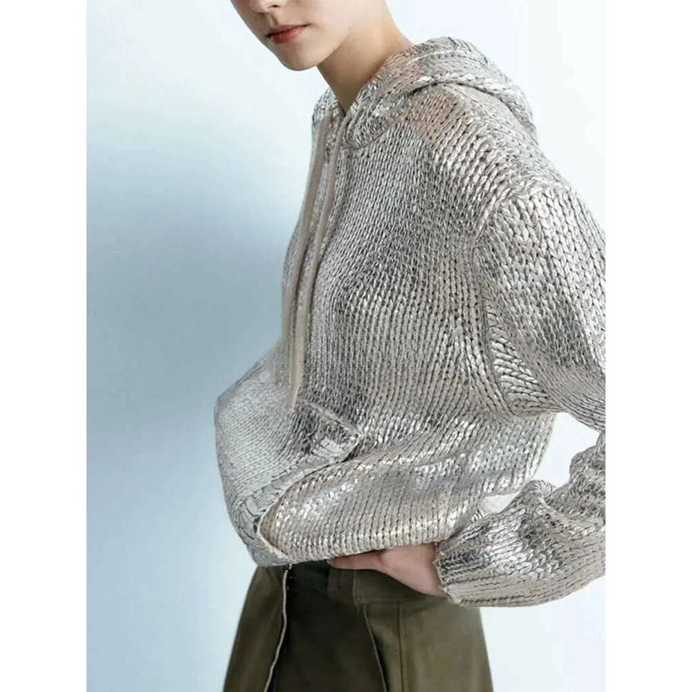 Elegant Silk Sweater For Women: Metallic Color O-Neck Knotted Knitwear