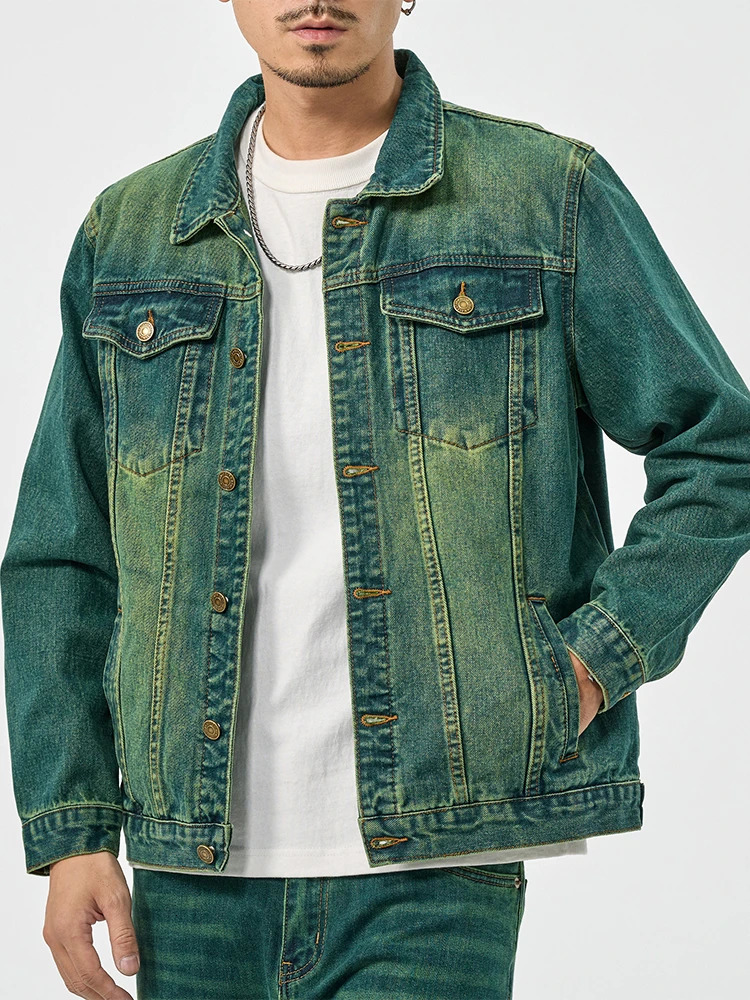 Vintage Loose Green Denim Jacket for Men HighEnd American Casual Wear 250214