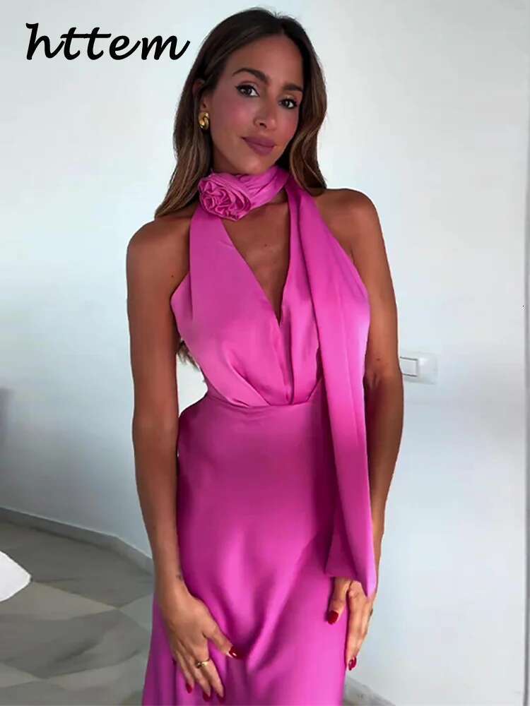 Elegant 3D Wers Halter Party Dress Women Sexy Backless Sleeveless Lace Up Pleated Dresses 2024 Summer Lady Solid Evening Robe