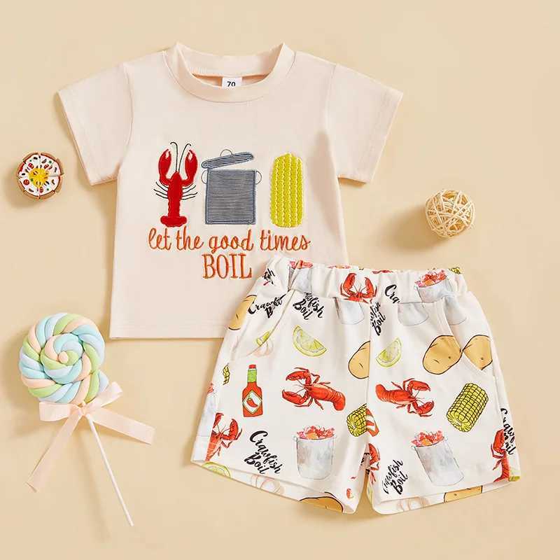 Childrens Summer Ensemble Embroidered Short Sleeve Tee with Lobster Design Shorts Set for a Slish Look W250218