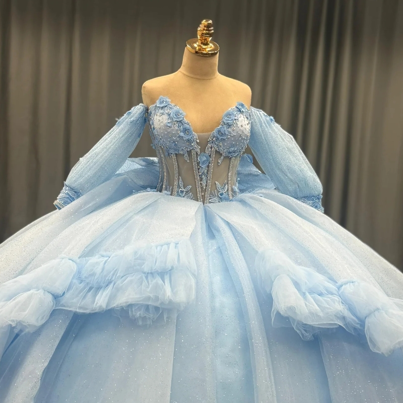 Sky Blue Shiny Quinceanera Dresses Ball Gown Off The Shoulder Applique Beads Bow Tiered Tull Party Birthday Sweet 16 Dress Vestido 15 De Anos