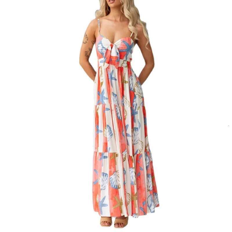 2025 Spring Summer New Women's Sexy High Waist Printed Lace Up Dress, Casual Split A-E Skirt, European And American