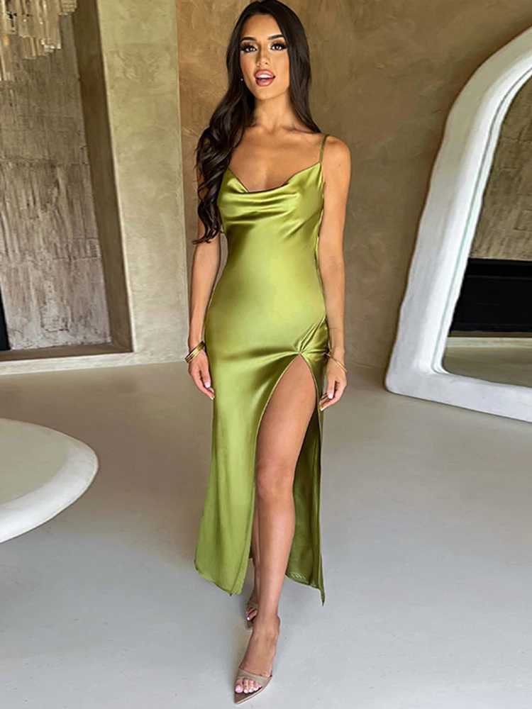 Basic Casual Dresses Dulzura Lace Up Backless Satin Strap Maxi Dress For Women Side Slit Bodycon Sexy Party Elegant Birthday Evening Outfits Summer H2