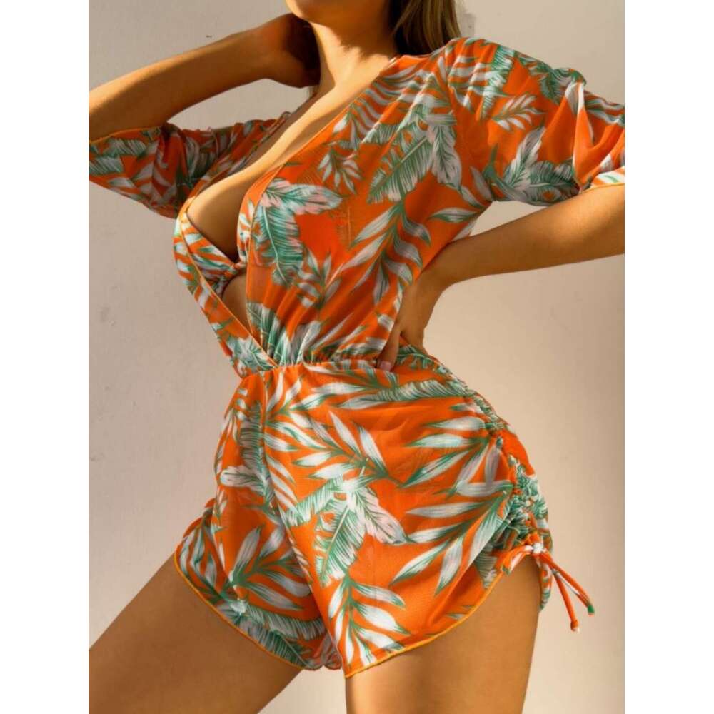 European and American Three piece Bikini Leaf Printed Waist Strap Long Sleeve Beach Anti roll Swimsuit 2025 New Casual Fashion Trendy Clothing