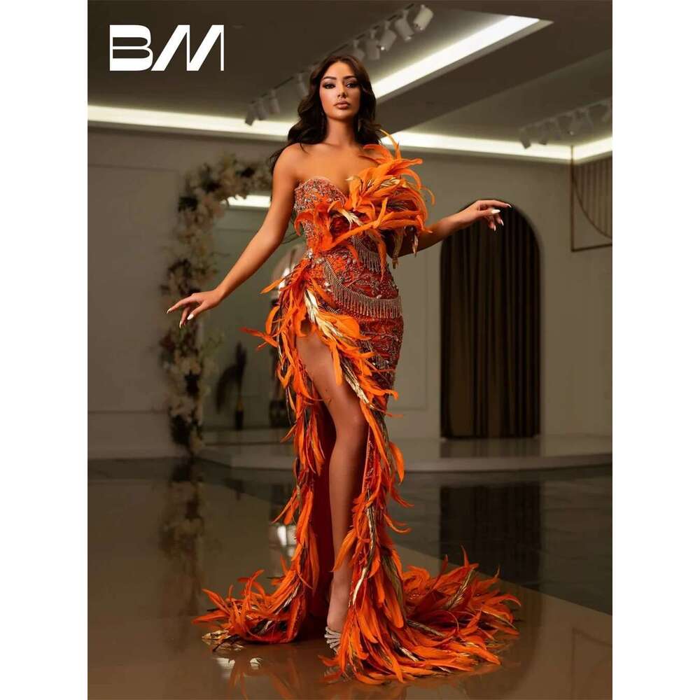 Tassel Pearls Evening Dress Strapless Sexy Slit Prom Dresses Feathers Beaded Embroidery Party Gown Vestidos De Gala es