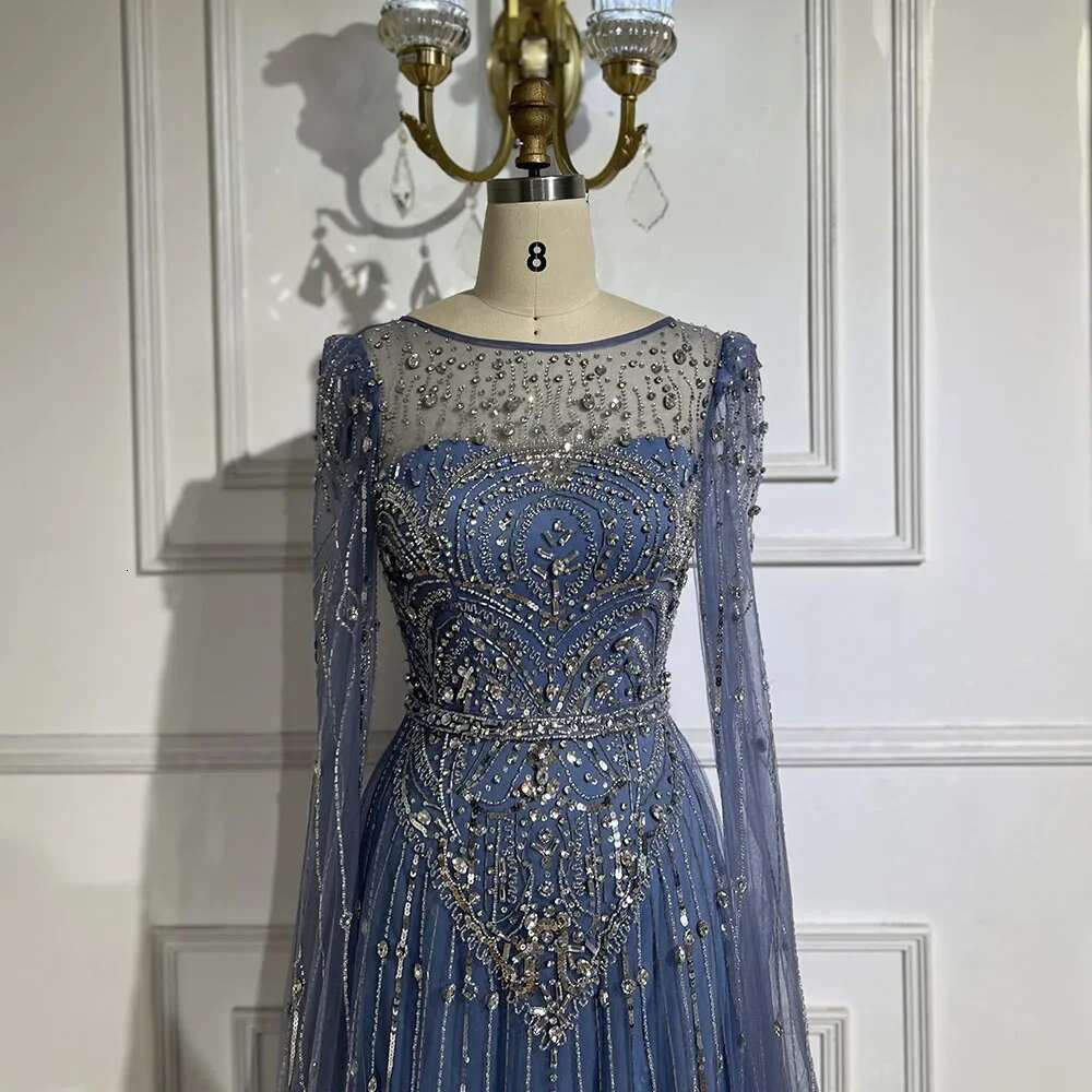 Blue Dubai Cape Sleeves A E Beaded Stone Arabic Evening Gowns Customize Wedding Party BLA rabic vening BL