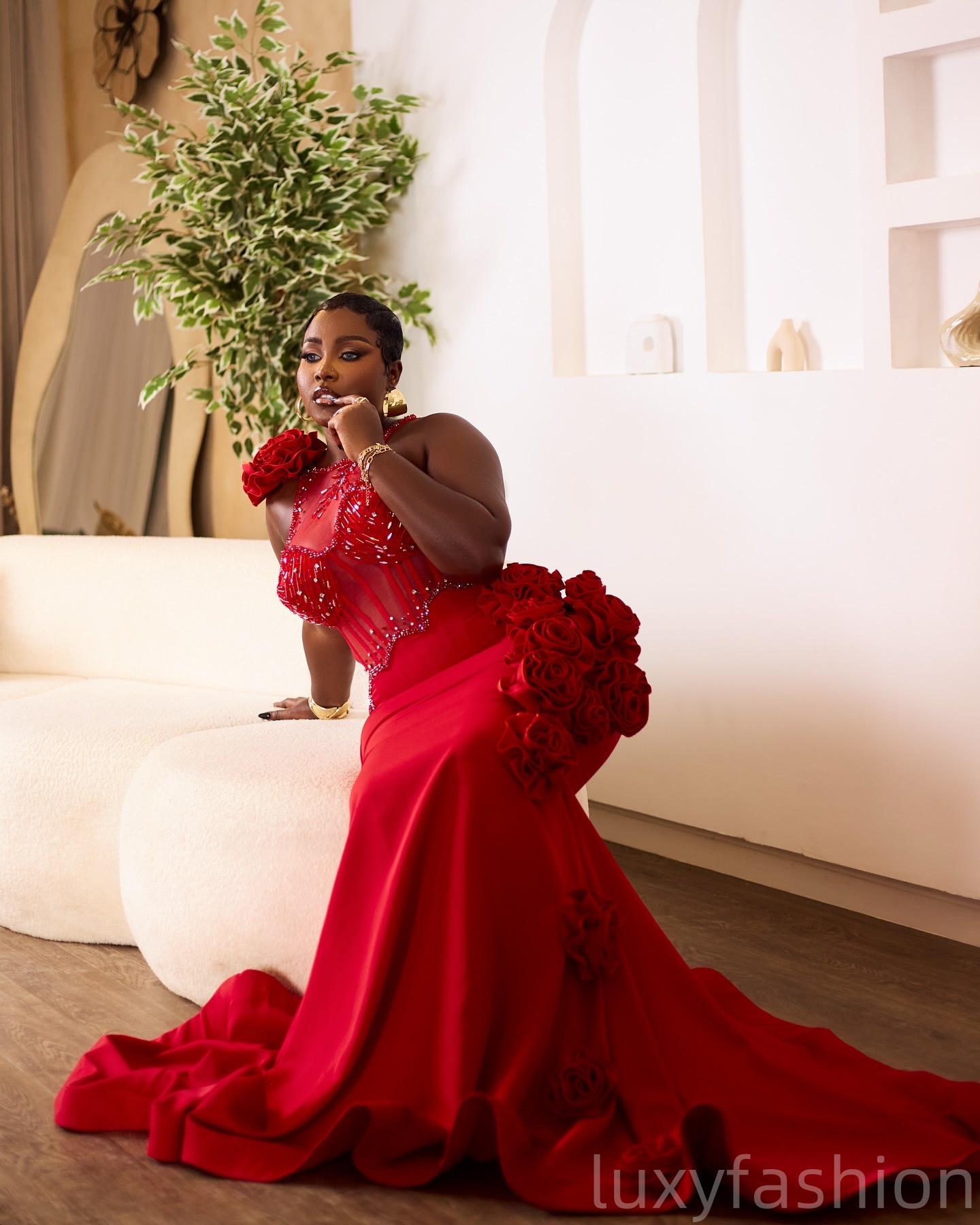 Aso Ebi 2025 Red Mermaid Prom Dresses Beaded Crystals Flowers Satin Sheer Neck Evening Formal Party Second Reception Birthday Gowns Dress For Special 