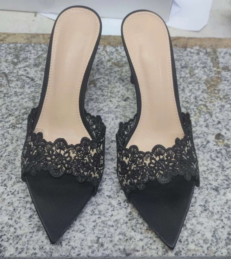 2025 New Summer Women's High-heeled Sandals, Sexy and Comfortable Lace Embroidered Shoes, Mules, Banquet Shoes